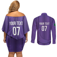 Saudi Football Al Zaeem Custom Couples Matching Off Shoulder Short Dress and Long Sleeve Button Shirt Crescent Moon - Purple - Wonder Print Shop