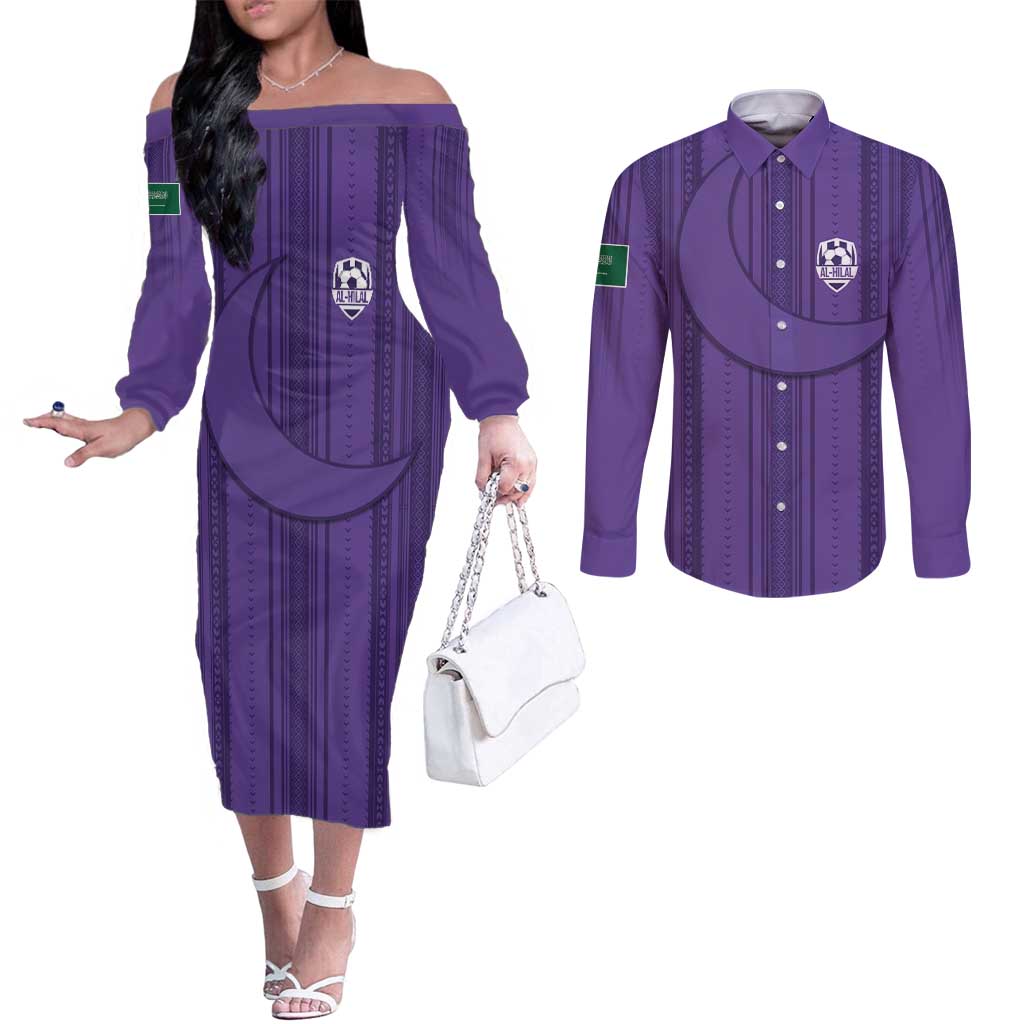 Saudi Football Al Zaeem Custom Couples Matching Off The Shoulder Long Sleeve Dress and Long Sleeve Button Shirt Crescent Moon - Purple - Wonder Print Shop