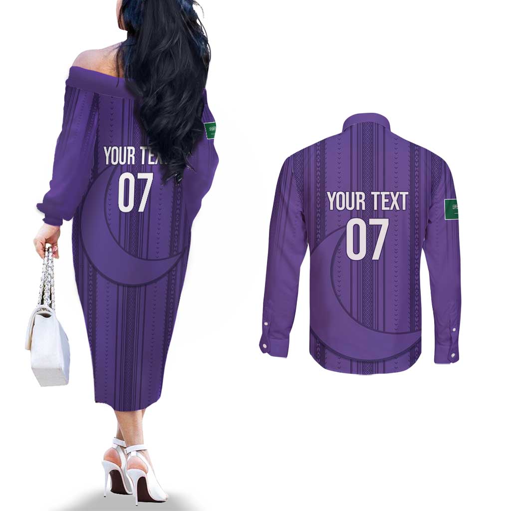 Saudi Football Al Zaeem Custom Couples Matching Off The Shoulder Long Sleeve Dress and Long Sleeve Button Shirt Crescent Moon - Purple - Wonder Print Shop