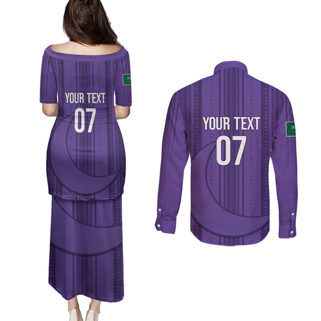 Saudi Football Al Zaeem Custom Couples Matching Puletasi and Long Sleeve Button Shirt Crescent Moon - Purple - Wonder Print Shop