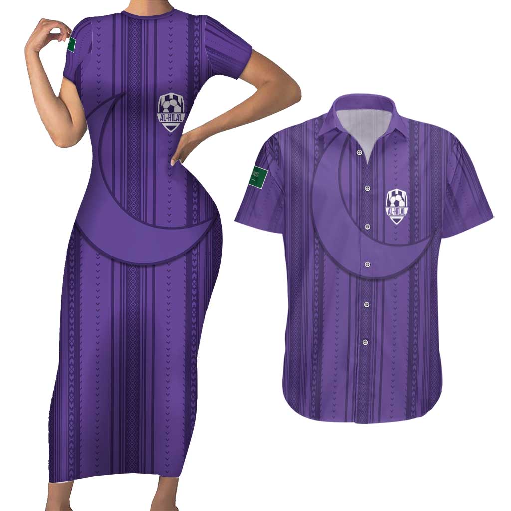 Saudi Football Al Zaeem Custom Couples Matching Short Sleeve Bodycon Dress and Hawaiian Shirt Crescent Moon - Purple - Wonder Print Shop