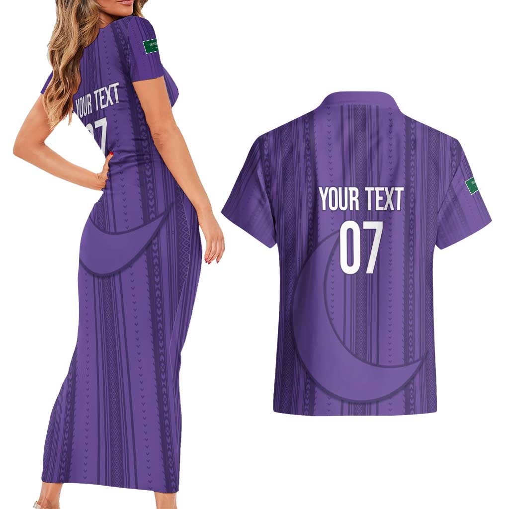 Saudi Football Al Zaeem Custom Couples Matching Short Sleeve Bodycon Dress and Hawaiian Shirt Crescent Moon - Purple - Wonder Print Shop