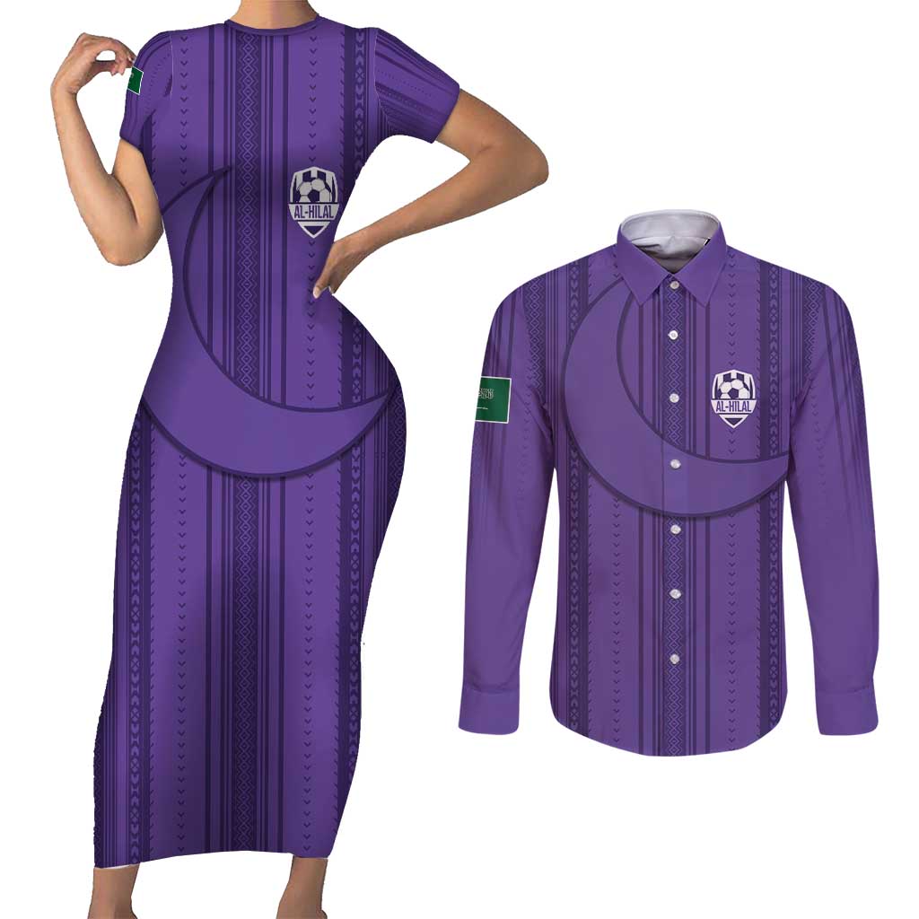 Saudi Football Al Zaeem Custom Couples Matching Short Sleeve Bodycon Dress and Long Sleeve Button Shirt Crescent Moon - Purple - Wonder Print Shop