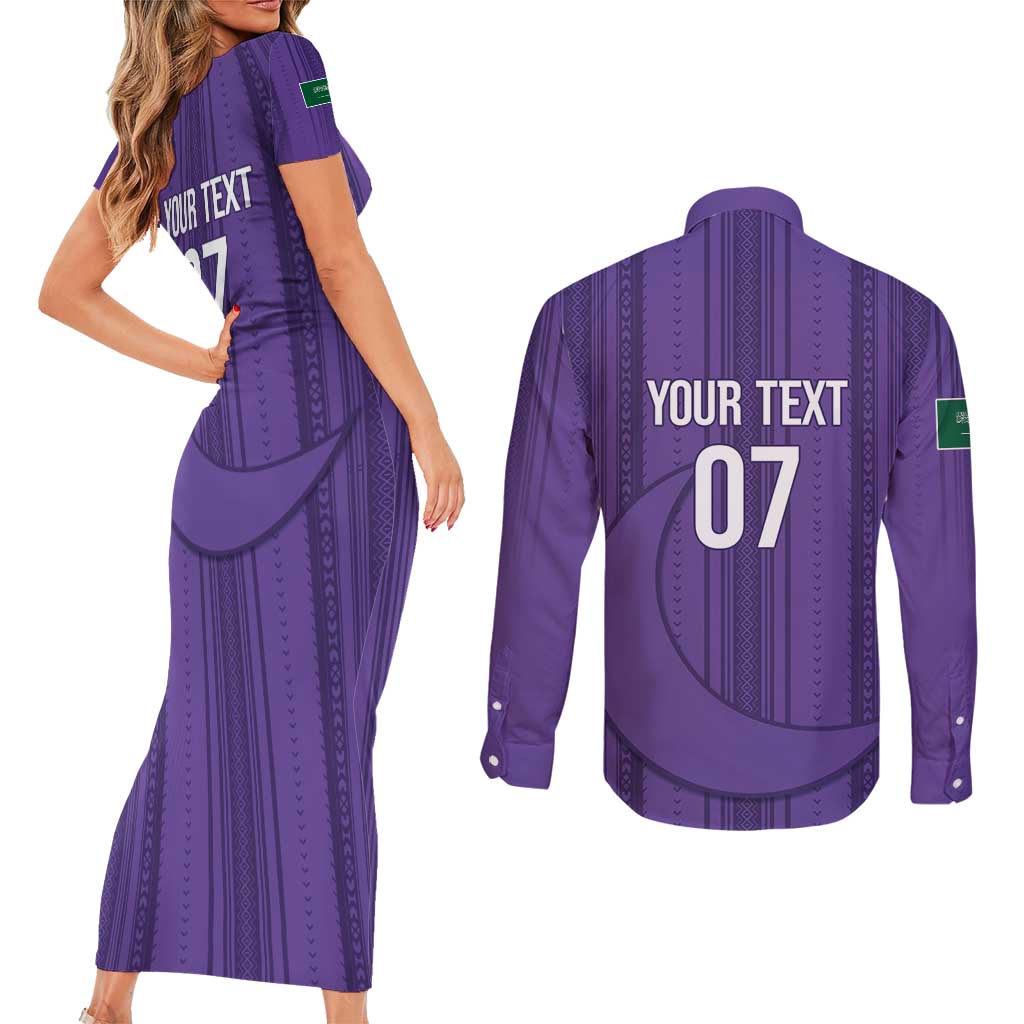 Saudi Football Al Zaeem Custom Couples Matching Short Sleeve Bodycon Dress and Long Sleeve Button Shirt Crescent Moon - Purple - Wonder Print Shop