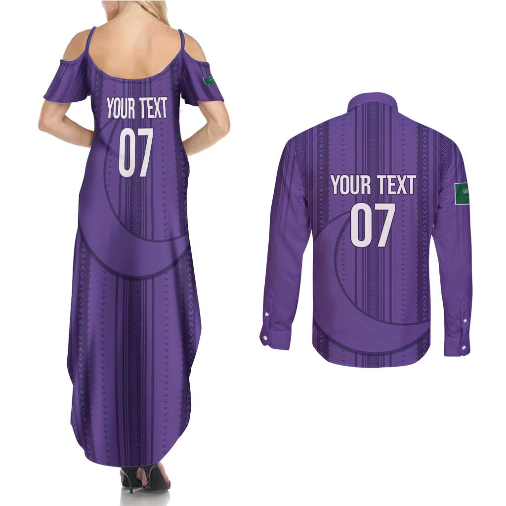 Saudi Football Al Zaeem Custom Couples Matching Summer Maxi Dress and Long Sleeve Button Shirt Crescent Moon - Purple - Wonder Print Shop