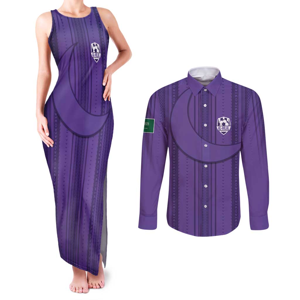 Saudi Football Al Zaeem Custom Couples Matching Tank Maxi Dress and Long Sleeve Button Shirt Crescent Moon - Purple - Wonder Print Shop