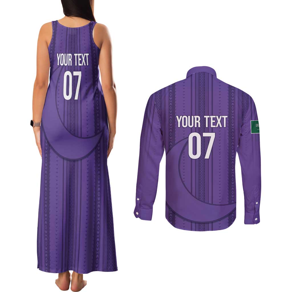 Saudi Football Al Zaeem Custom Couples Matching Tank Maxi Dress and Long Sleeve Button Shirt Crescent Moon - Purple - Wonder Print Shop
