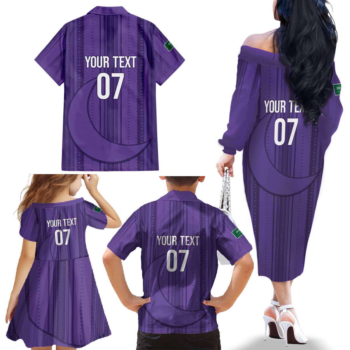 Saudi Football Al Zaeem Custom Family Matching Off The Shoulder Long Sleeve Dress and Hawaiian Shirt Crescent Moon - Purple - Wonder Print Shop