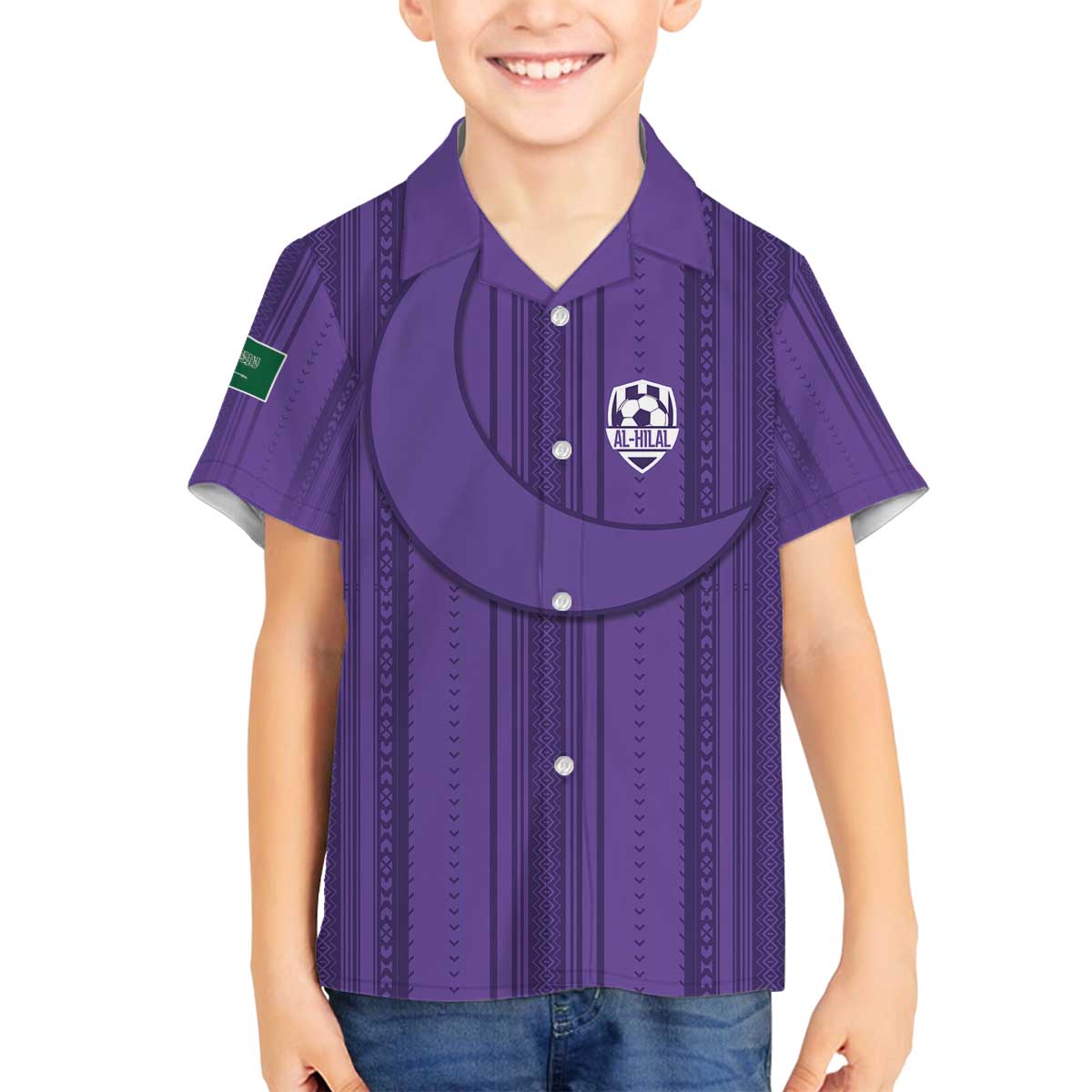 Saudi Football Al Zaeem Custom Family Matching Off The Shoulder Long Sleeve Dress and Hawaiian Shirt Crescent Moon - Purple - Wonder Print Shop