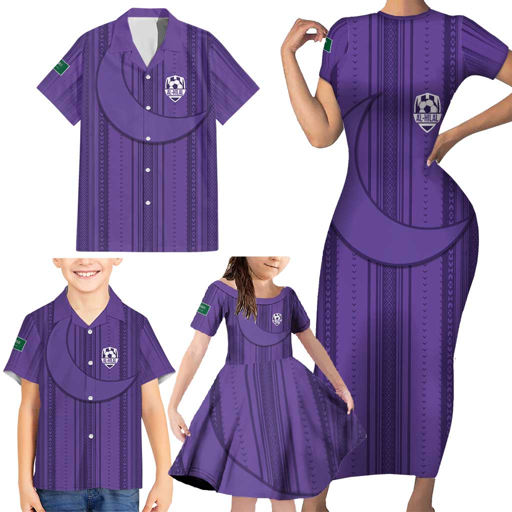 Saudi Football Al Zaeem Custom Family Matching Short Sleeve Bodycon Dress and Hawaiian Shirt Crescent Moon - Purple - Wonder Print Shop