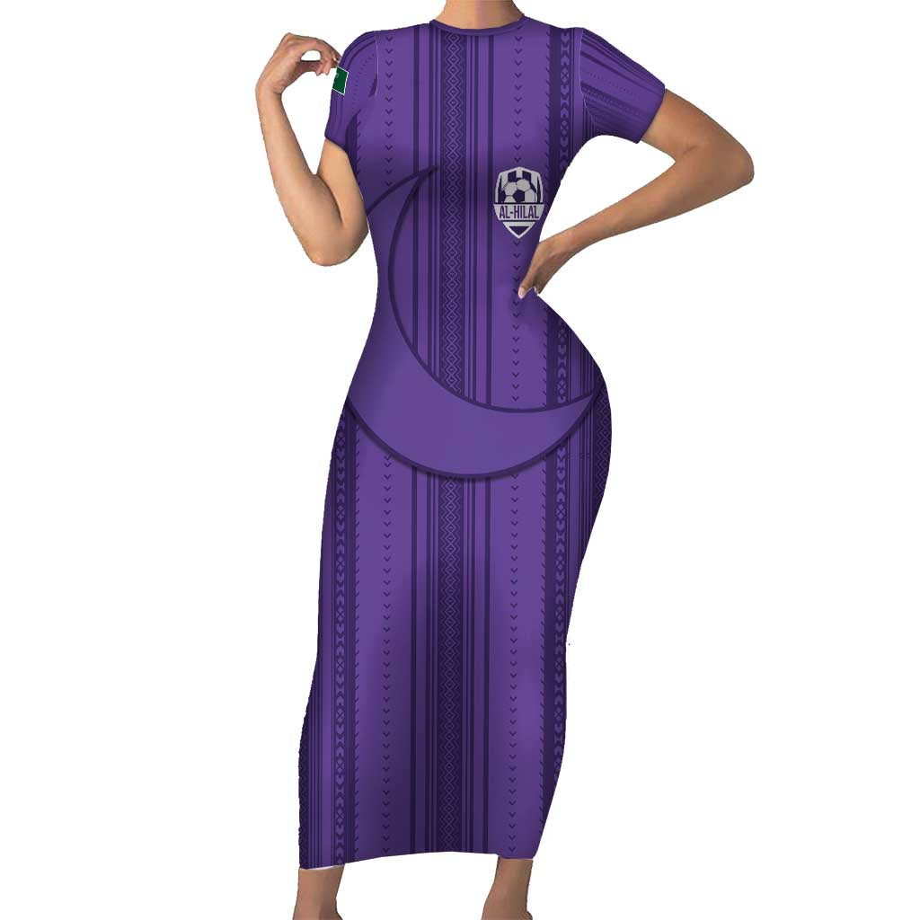 Saudi Football Al Zaeem Custom Family Matching Short Sleeve Bodycon Dress and Hawaiian Shirt Crescent Moon - Purple - Wonder Print Shop