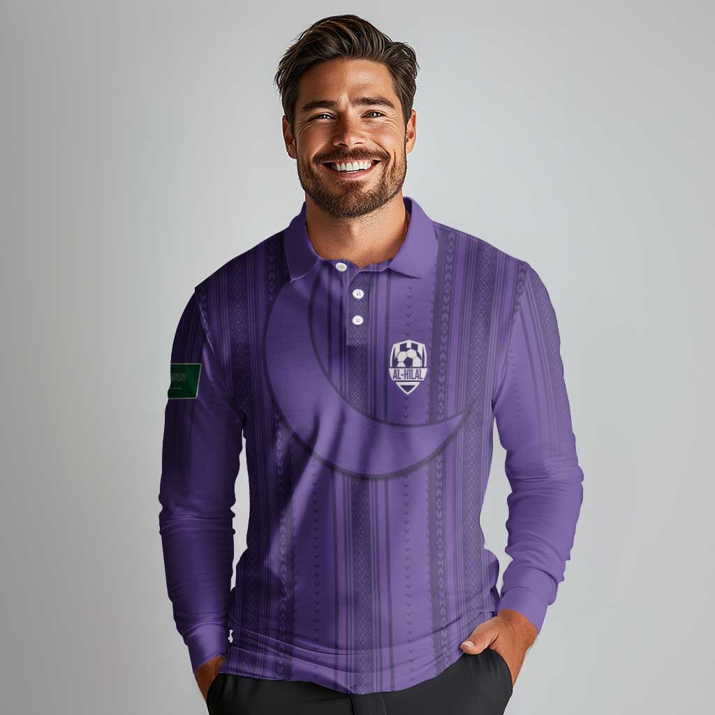 Saudi Football Al Zaeem Custom Long Sleeve Polo Shirt Crescent Moon - Purple - Wonder Print Shop