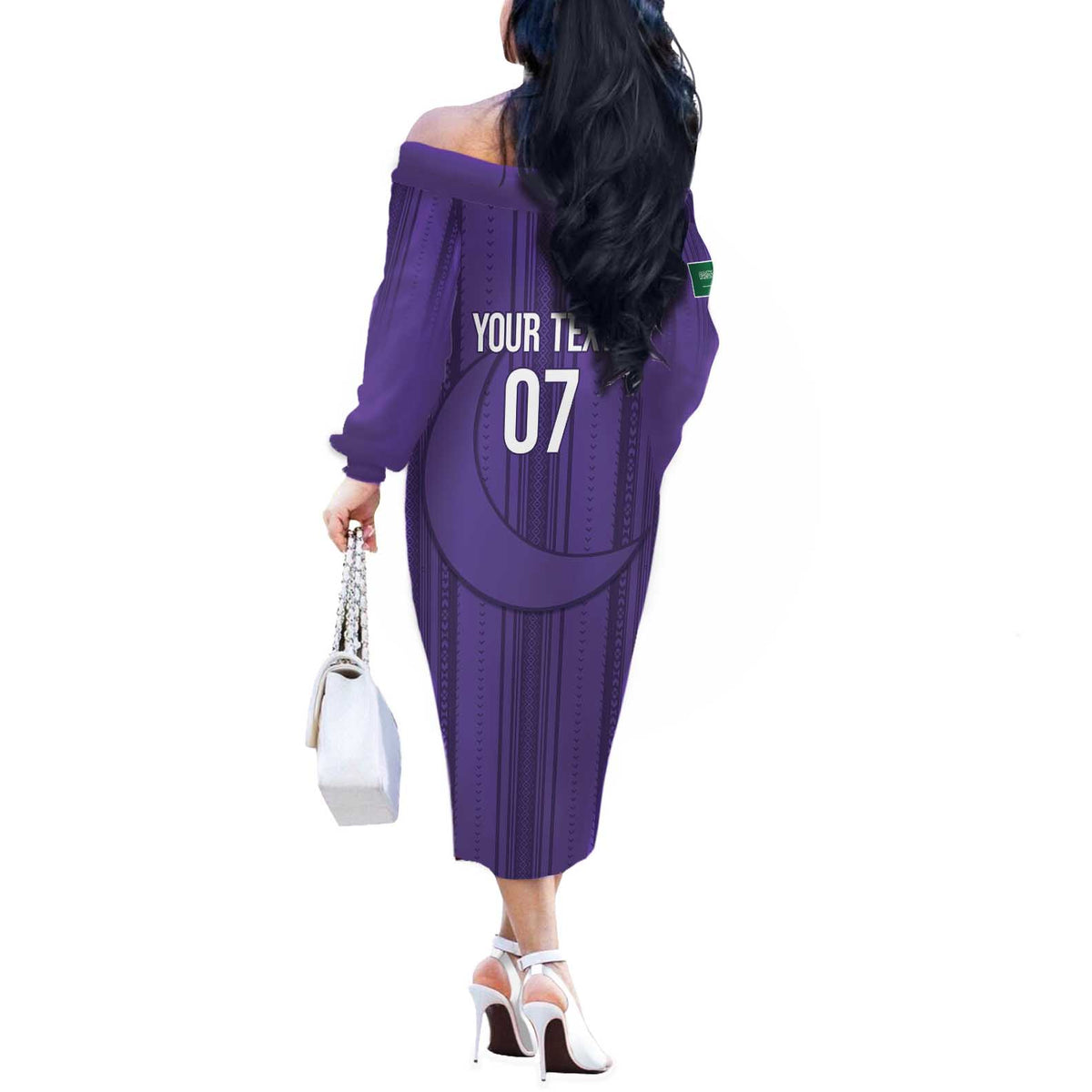 Saudi Football Al Zaeem Custom Off The Shoulder Long Sleeve Dress Crescent Moon - Purple - Wonder Print Shop