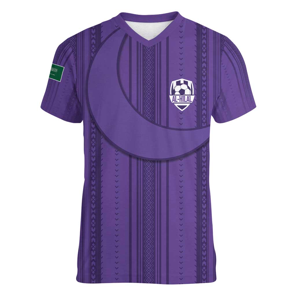 Saudi Football Al Zaeem Custom Women V-Neck T-Shirt Crescent Moon - Purple - Wonder Print Shop