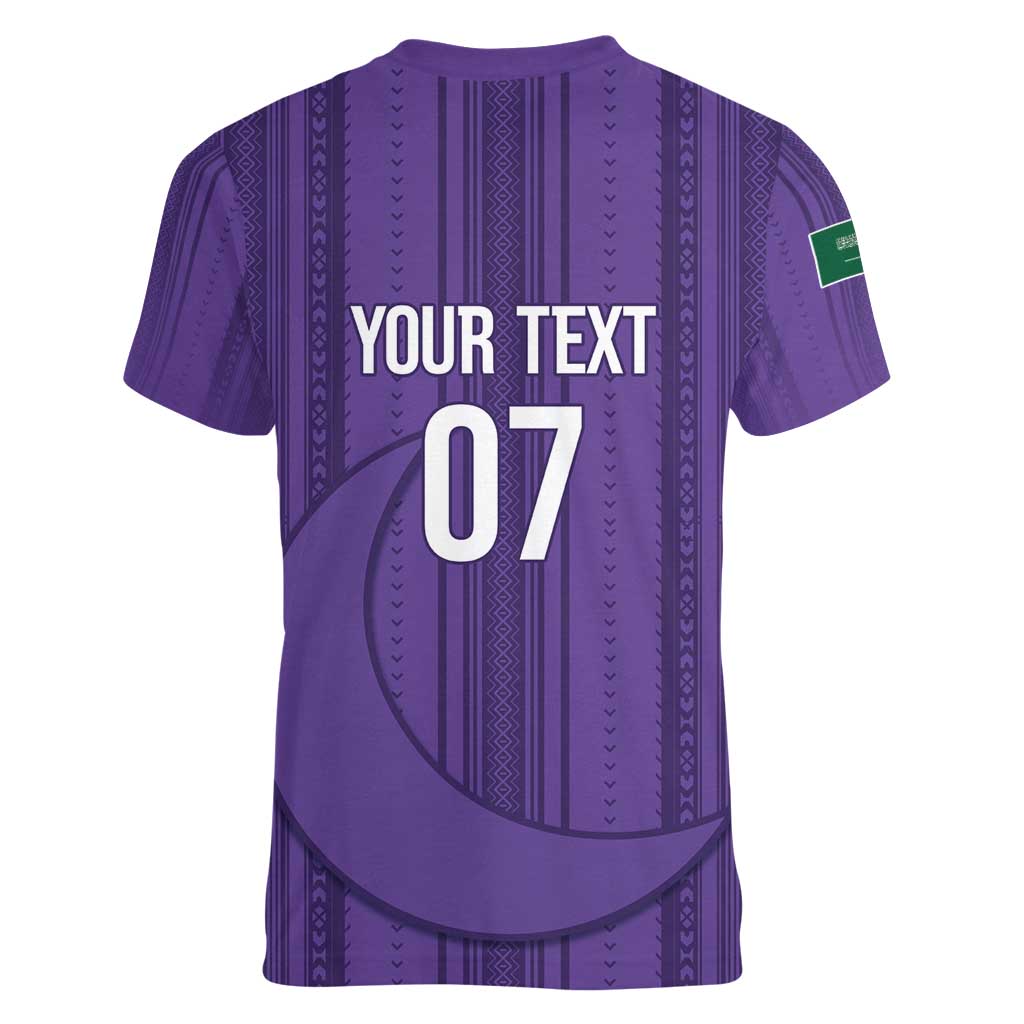 Saudi Football Al Zaeem Custom Women V-Neck T-Shirt Crescent Moon - Purple - Wonder Print Shop
