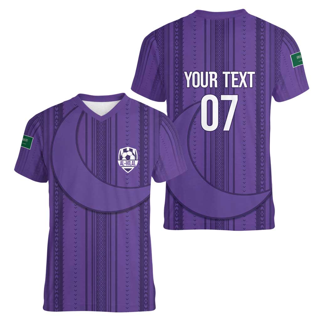 Saudi Football Al Zaeem Custom Women V-Neck T-Shirt Crescent Moon - Purple - Wonder Print Shop