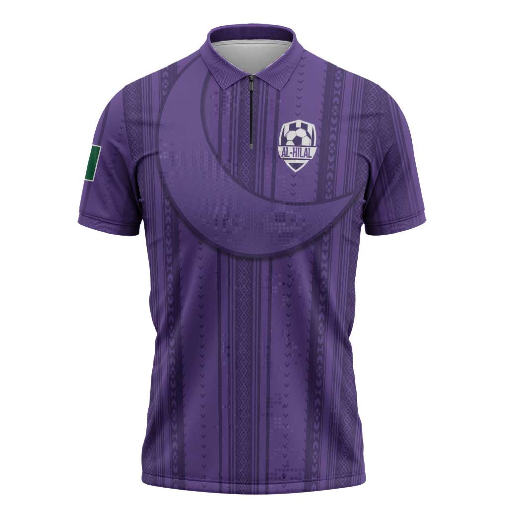 Saudi Football Al Zaeem Custom Zipper Polo Shirt Crescent Moon - Purple - Wonder Print Shop