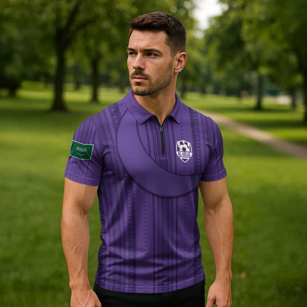 Saudi Football Al Zaeem Custom Zipper Polo Shirt Crescent Moon - Purple - Wonder Print Shop