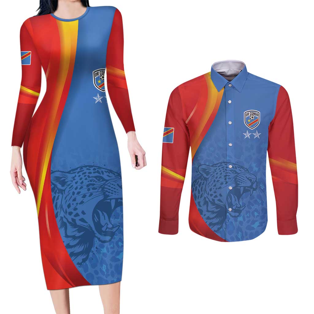 DR Congo Football 2026 Les Leopards Custom Couples Matching Long Sleeve Bodycon Dress and Long Sleeve Button Shirt Glory Upon Glory - Wonder Print Shop