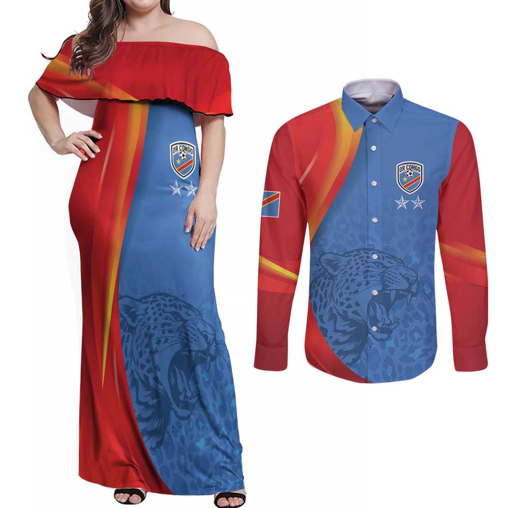 DR Congo Football 2026 Les Leopards Custom Couples Matching Off Shoulder Maxi Dress and Long Sleeve Button Shirt Glory Upon Glory - Wonder Print Shop