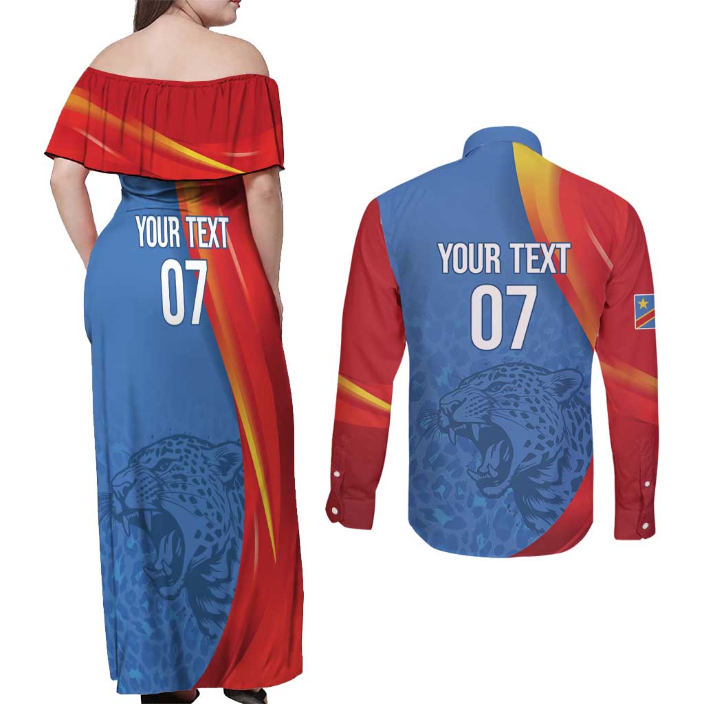 DR Congo Football 2026 Les Leopards Custom Couples Matching Off Shoulder Maxi Dress and Long Sleeve Button Shirt Glory Upon Glory - Wonder Print Shop