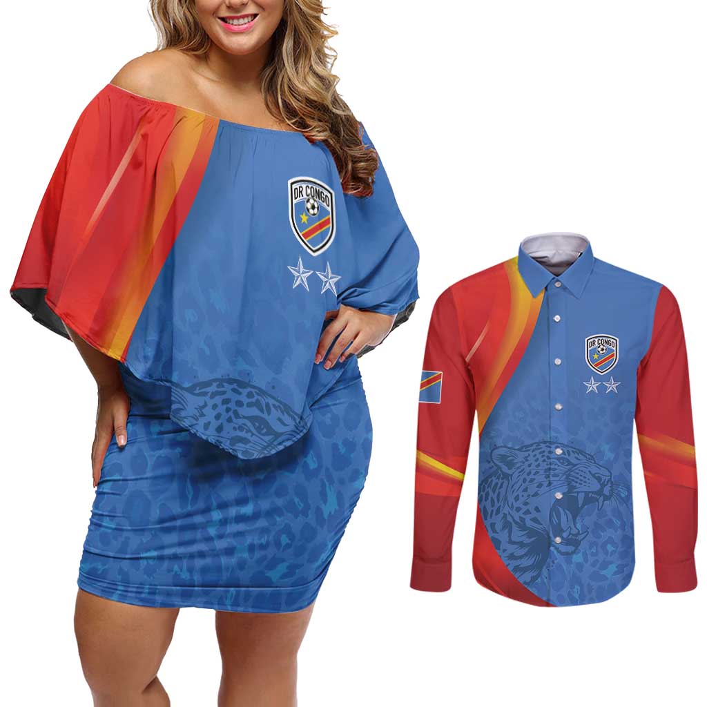 DR Congo Football 2026 Les Leopards Custom Couples Matching Off Shoulder Short Dress and Long Sleeve Button Shirt Glory Upon Glory - Wonder Print Shop