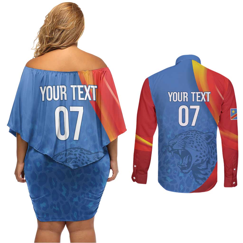 DR Congo Football 2026 Les Leopards Custom Couples Matching Off Shoulder Short Dress and Long Sleeve Button Shirt Glory Upon Glory - Wonder Print Shop