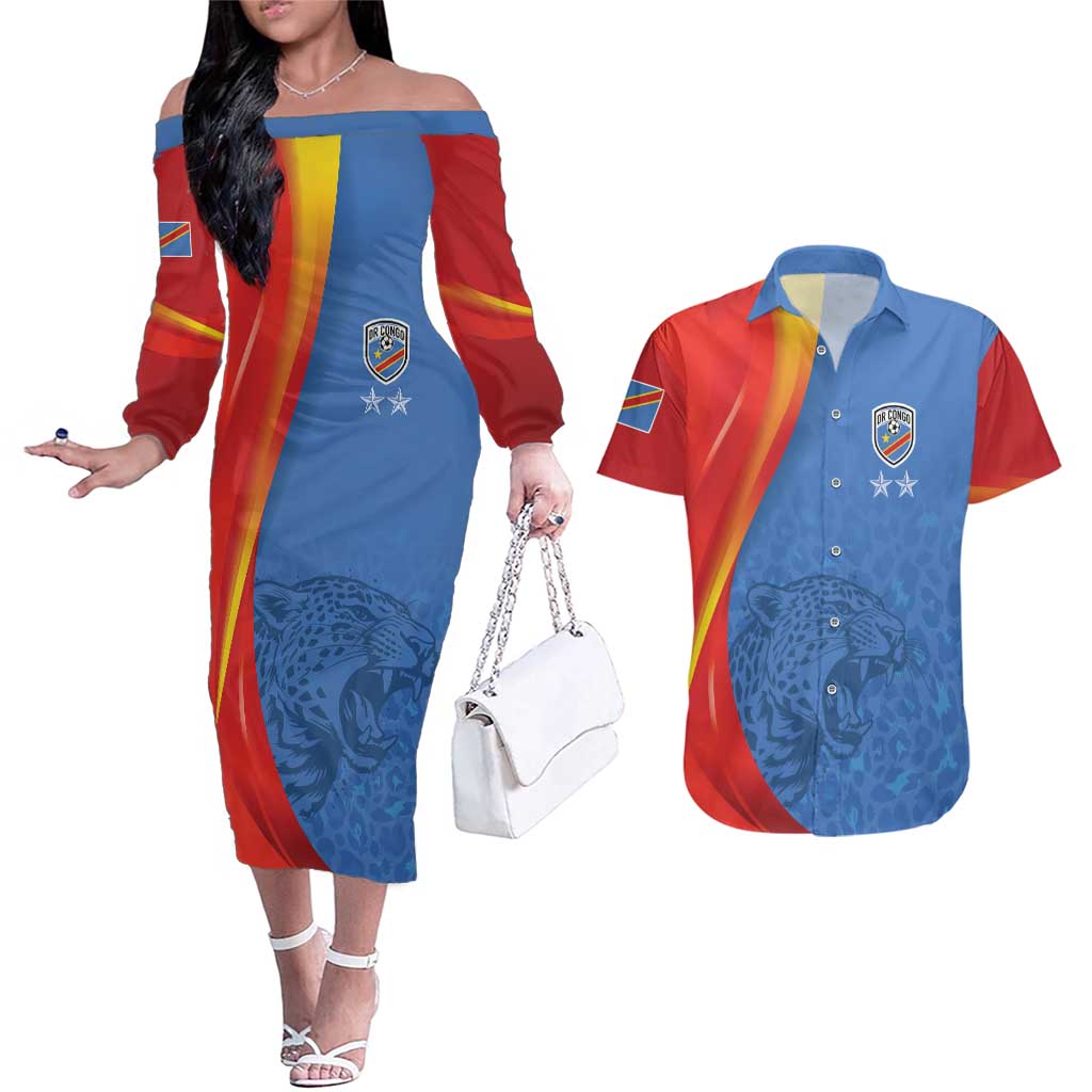 DR Congo Football 2026 Les Leopards Custom Couples Matching Off The Shoulder Long Sleeve Dress and Hawaiian Shirt Glory Upon Glory - Wonder Print Shop