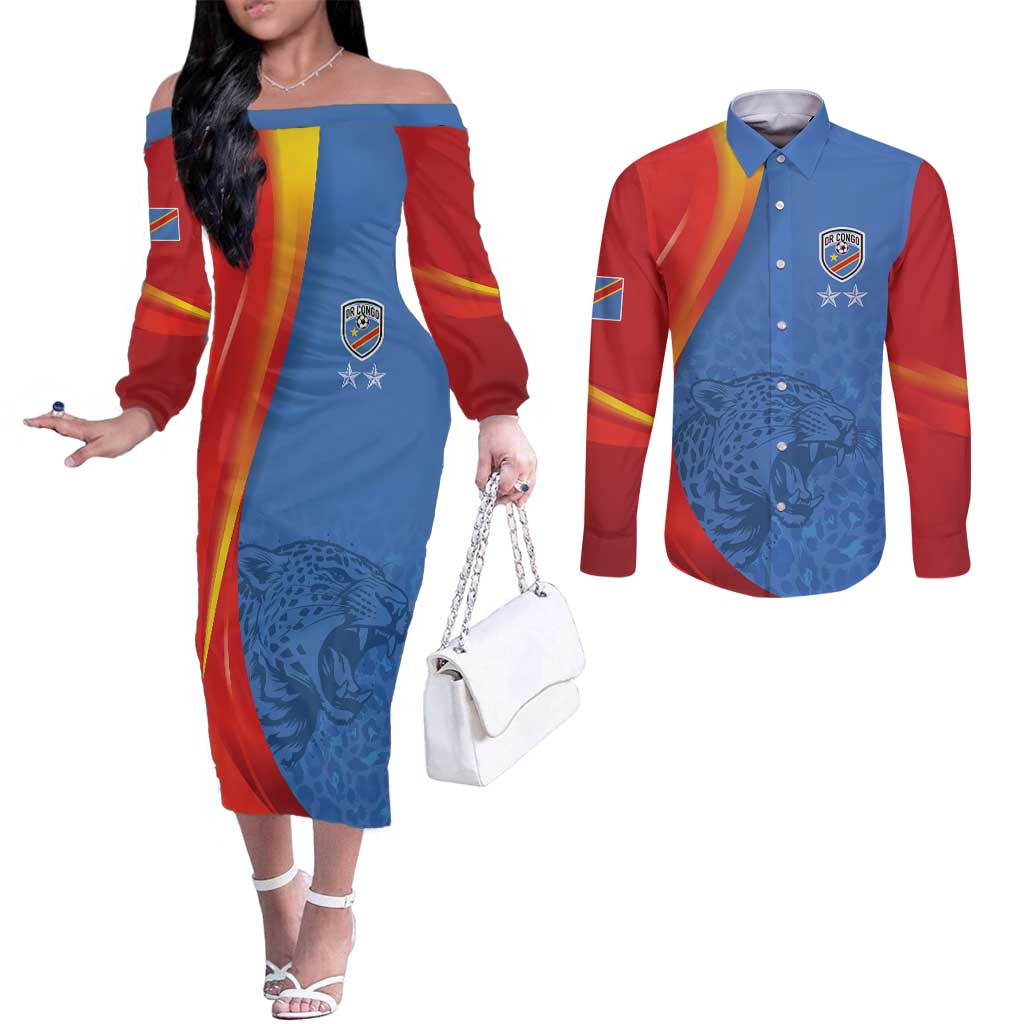 DR Congo Football 2026 Les Leopards Custom Couples Matching Off The Shoulder Long Sleeve Dress and Long Sleeve Button Shirt Glory Upon Glory - Wonder Print Shop