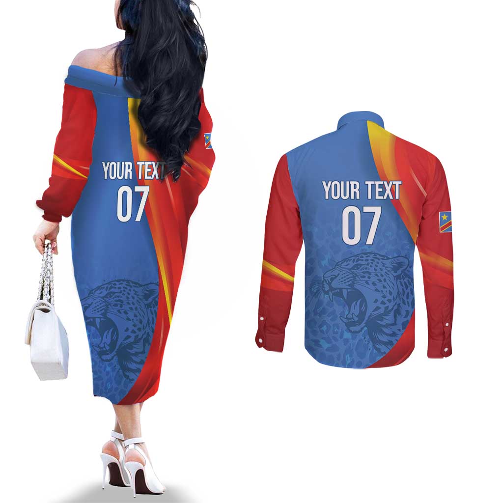 DR Congo Football 2026 Les Leopards Custom Couples Matching Off The Shoulder Long Sleeve Dress and Long Sleeve Button Shirt Glory Upon Glory - Wonder Print Shop