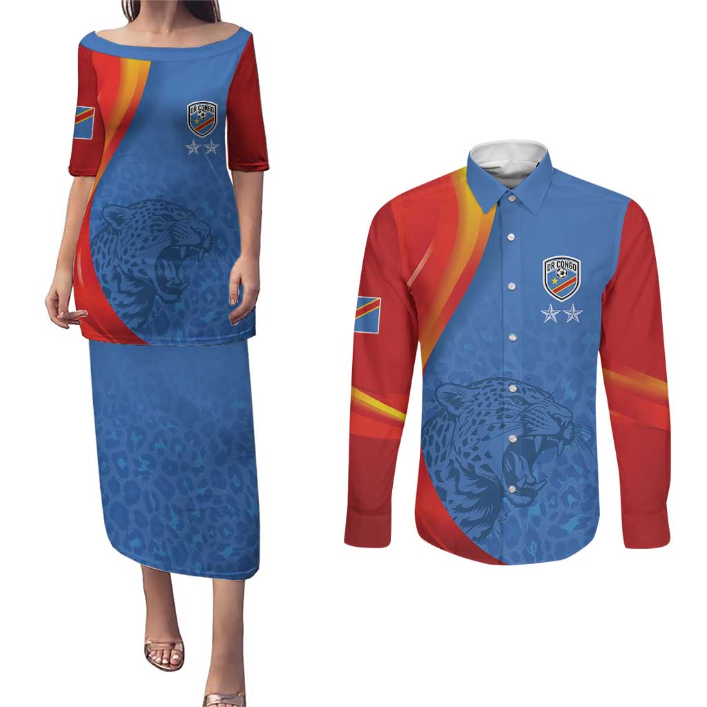 DR Congo Football 2026 Les Leopards Custom Couples Matching Puletasi and Long Sleeve Button Shirt Glory Upon Glory - Wonder Print Shop
