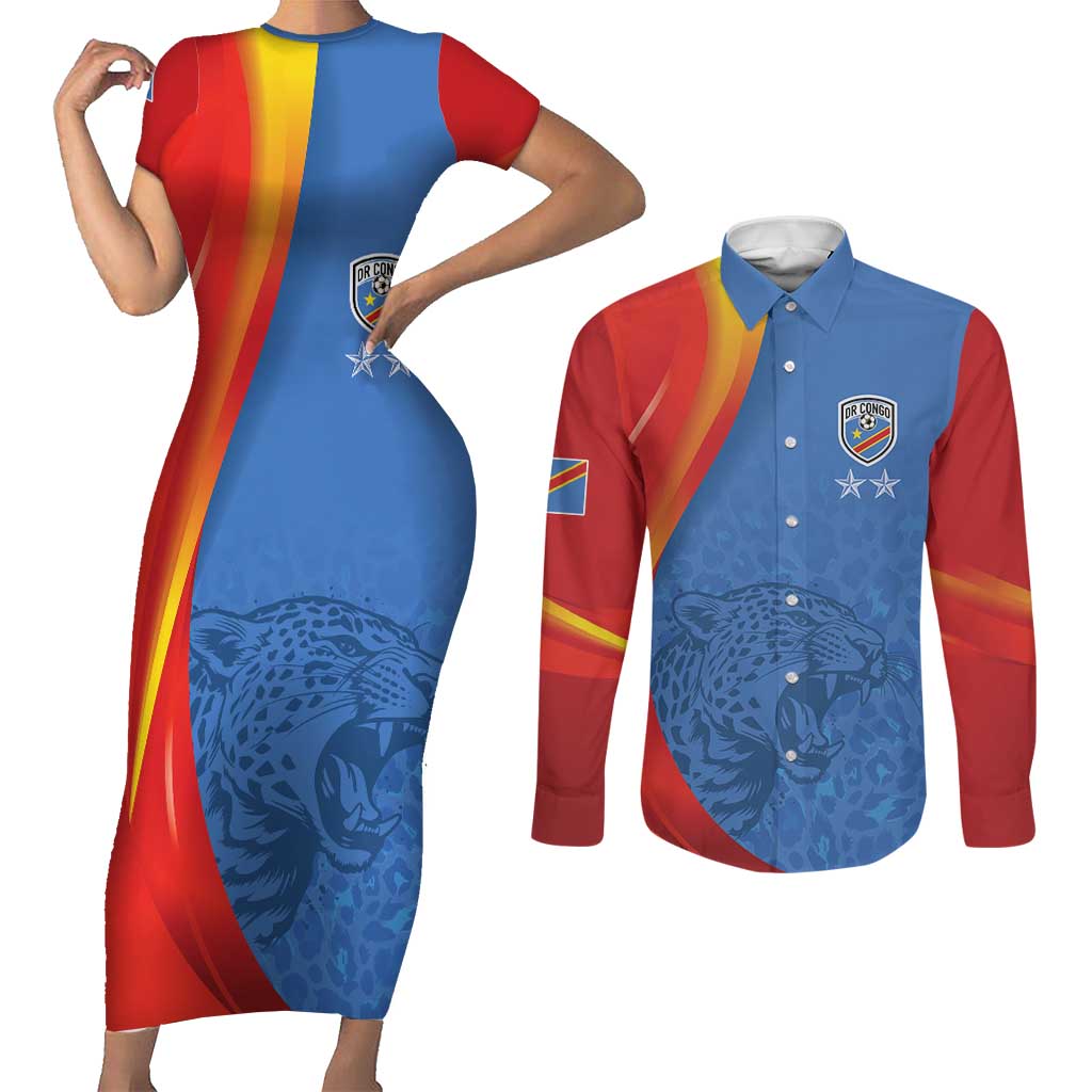 DR Congo Football 2026 Les Leopards Custom Couples Matching Short Sleeve Bodycon Dress and Long Sleeve Button Shirt Glory Upon Glory - Wonder Print Shop