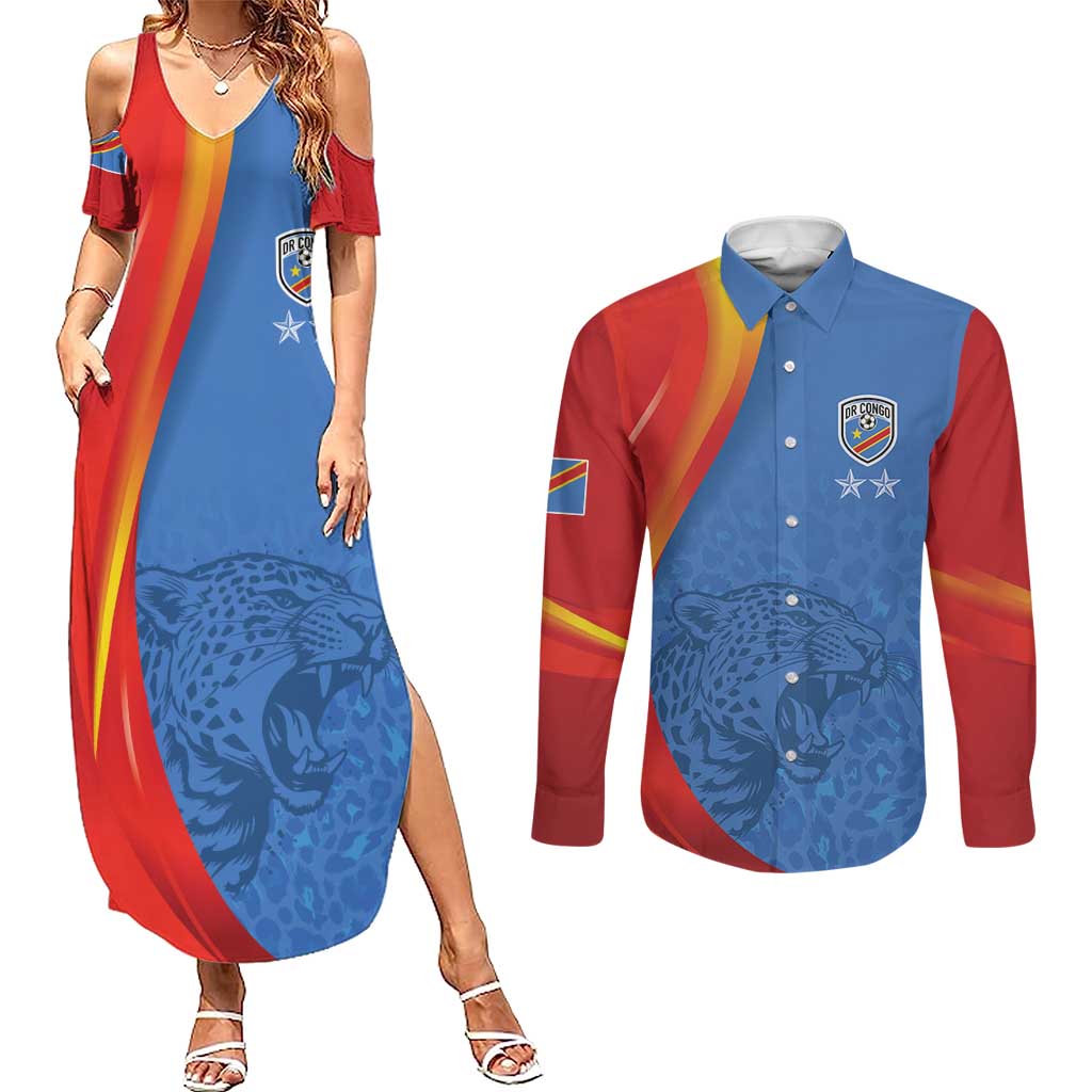 DR Congo Football 2026 Les Leopards Custom Couples Matching Summer Maxi Dress and Long Sleeve Button Shirt Glory Upon Glory - Wonder Print Shop