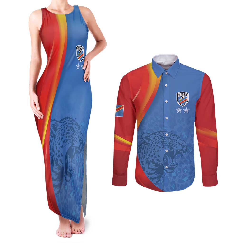 DR Congo Football 2026 Les Leopards Custom Couples Matching Tank Maxi Dress and Long Sleeve Button Shirt Glory Upon Glory - Wonder Print Shop