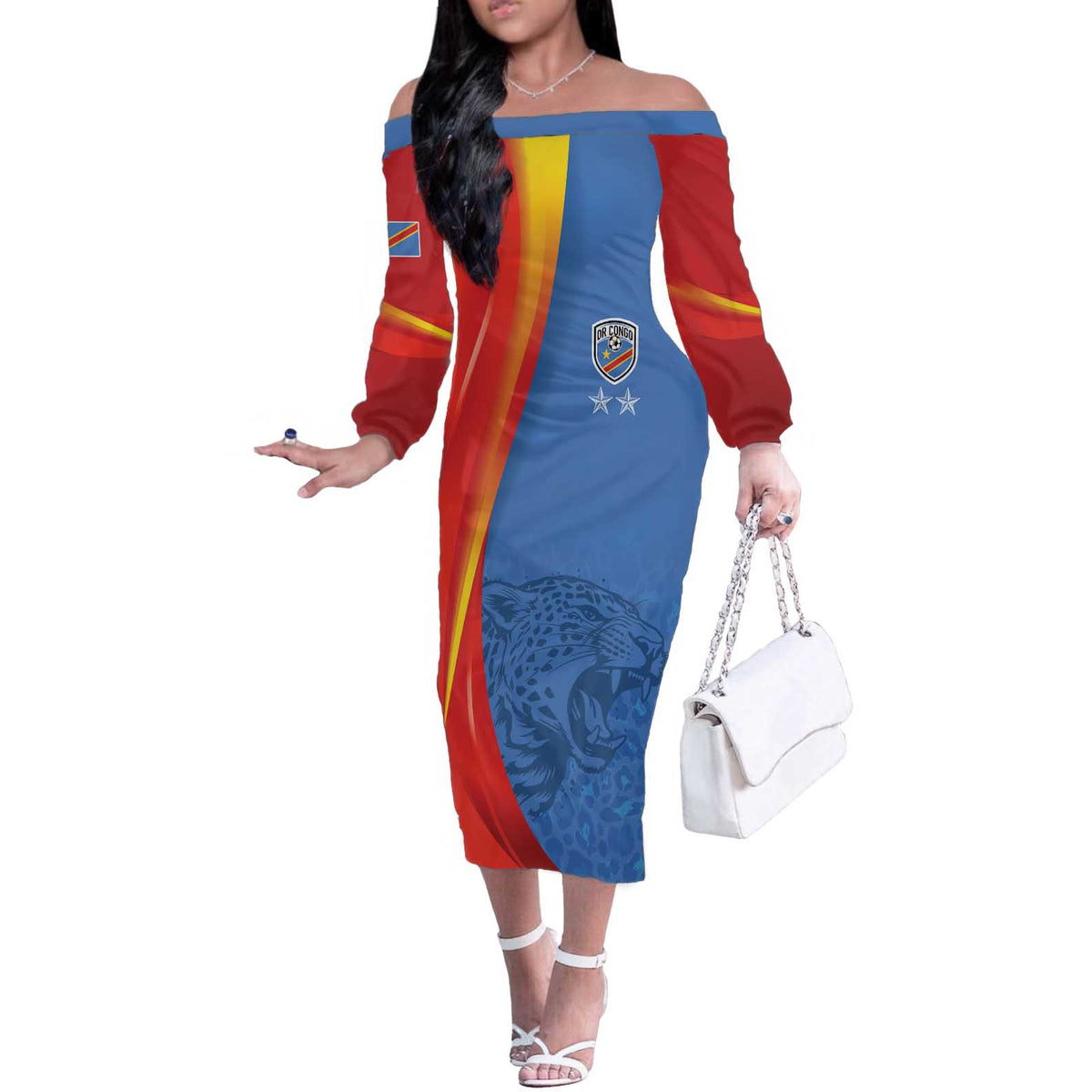 DR Congo Football 2026 Les Leopards Custom Off The Shoulder Long Sleeve Dress Glory Upon Glory - Wonder Print Shop