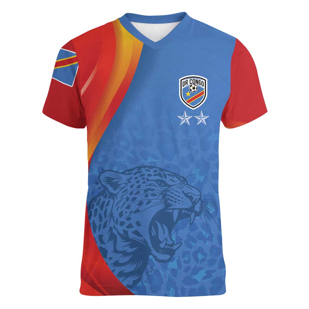 DR Congo Football 2026 Les Leopards Custom Women V-Neck T-Shirt Glory Upon Glory - Wonder Print Shop