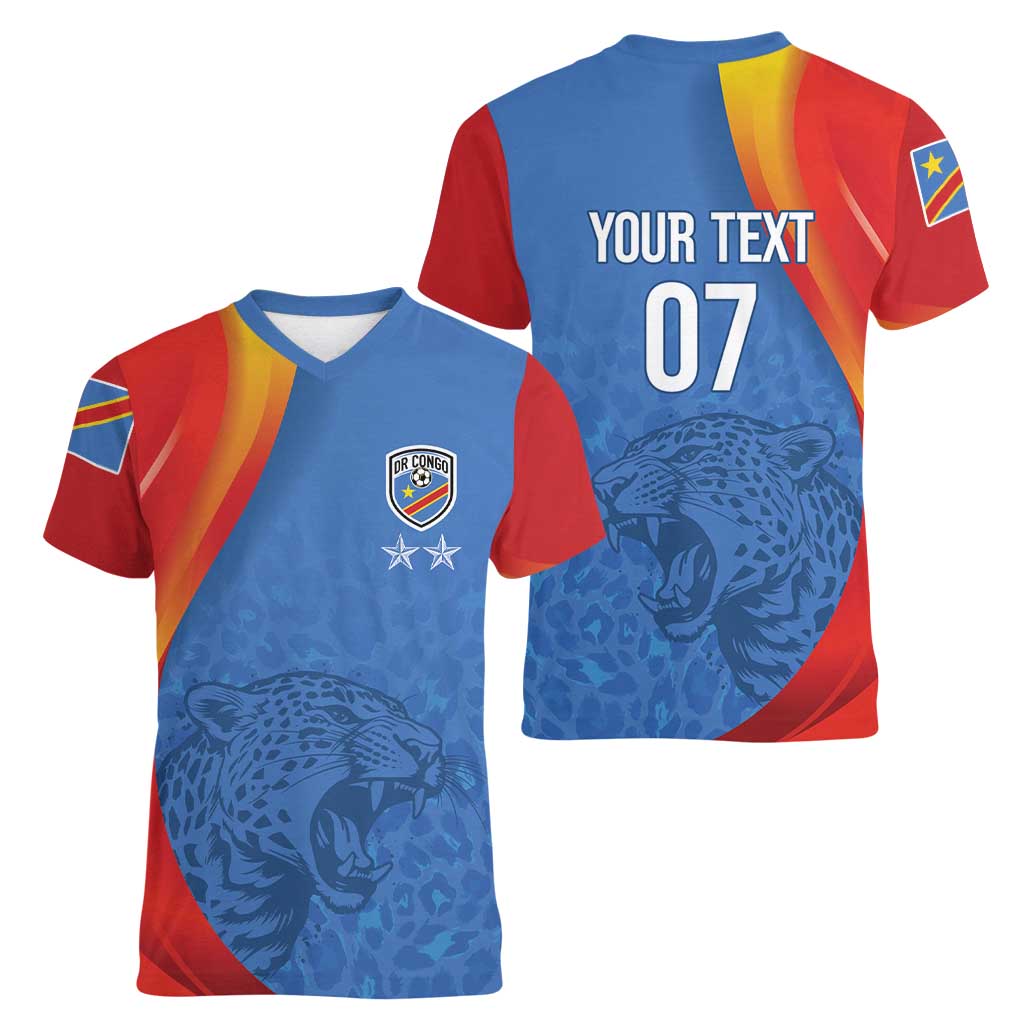 DR Congo Football 2026 Les Leopards Custom Women V-Neck T-Shirt Glory Upon Glory - Wonder Print Shop