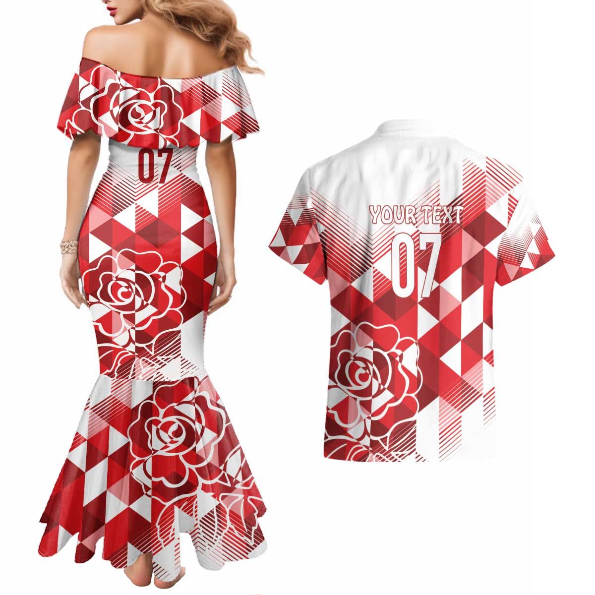 England Rugby Custom Couples Matching Mermaid Dress and Hawaiian Shirt Crystalised Red Rose
