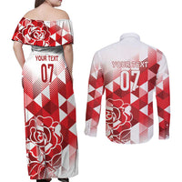 England Rugby Custom Couples Matching Off Shoulder Maxi Dress and Long Sleeve Button Shirt Crystalised Red Rose