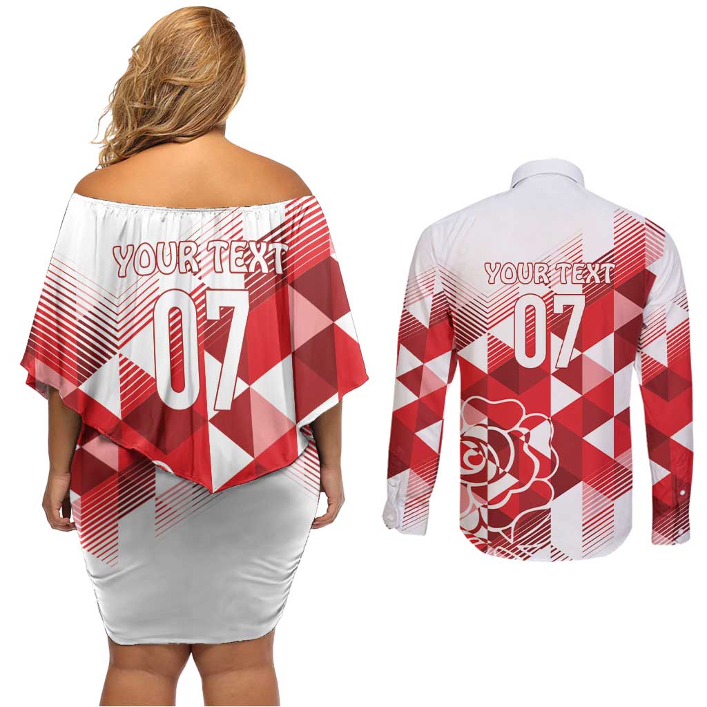 England Rugby Custom Couples Matching Off Shoulder Short Dress and Long Sleeve Button Shirt Crystalised Red Rose