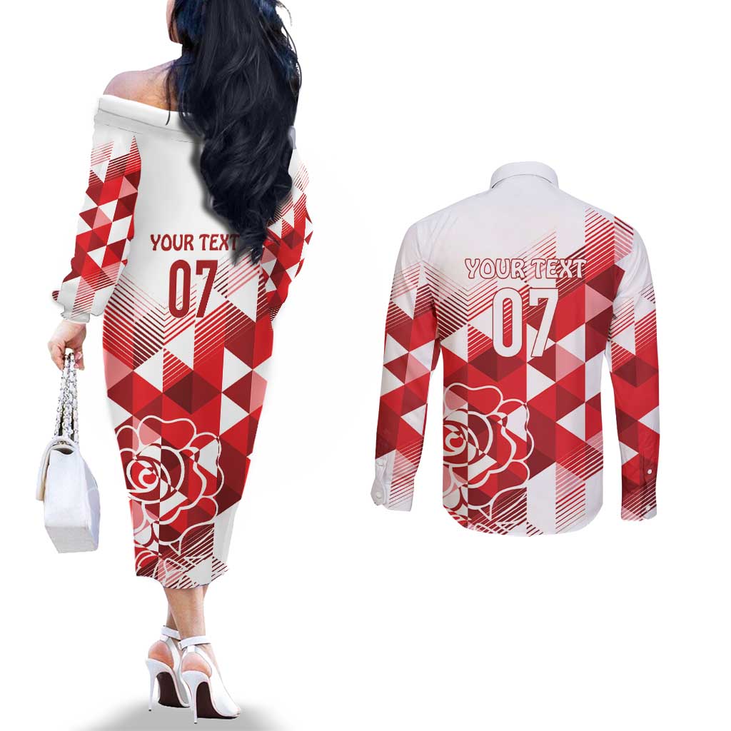 England Rugby Custom Couples Matching Off The Shoulder Long Sleeve Dress and Long Sleeve Button Shirt Crystalised Red Rose