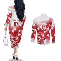 England Rugby Custom Couples Matching Off The Shoulder Long Sleeve Dress and Long Sleeve Button Shirt Crystalised Red Rose
