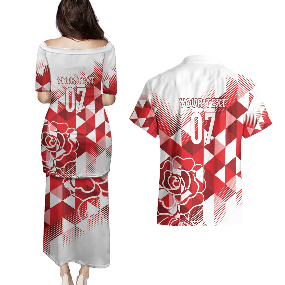 England Rugby Custom Couples Matching Puletasi and Hawaiian Shirt Crystalised Red Rose