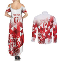 England Rugby Custom Couples Matching Summer Maxi Dress and Long Sleeve Button Shirt Crystalised Red Rose