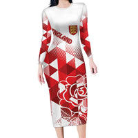 England Rugby Custom Family Matching Long Sleeve Bodycon Dress and Hawaiian Shirt Crystalised Red Rose