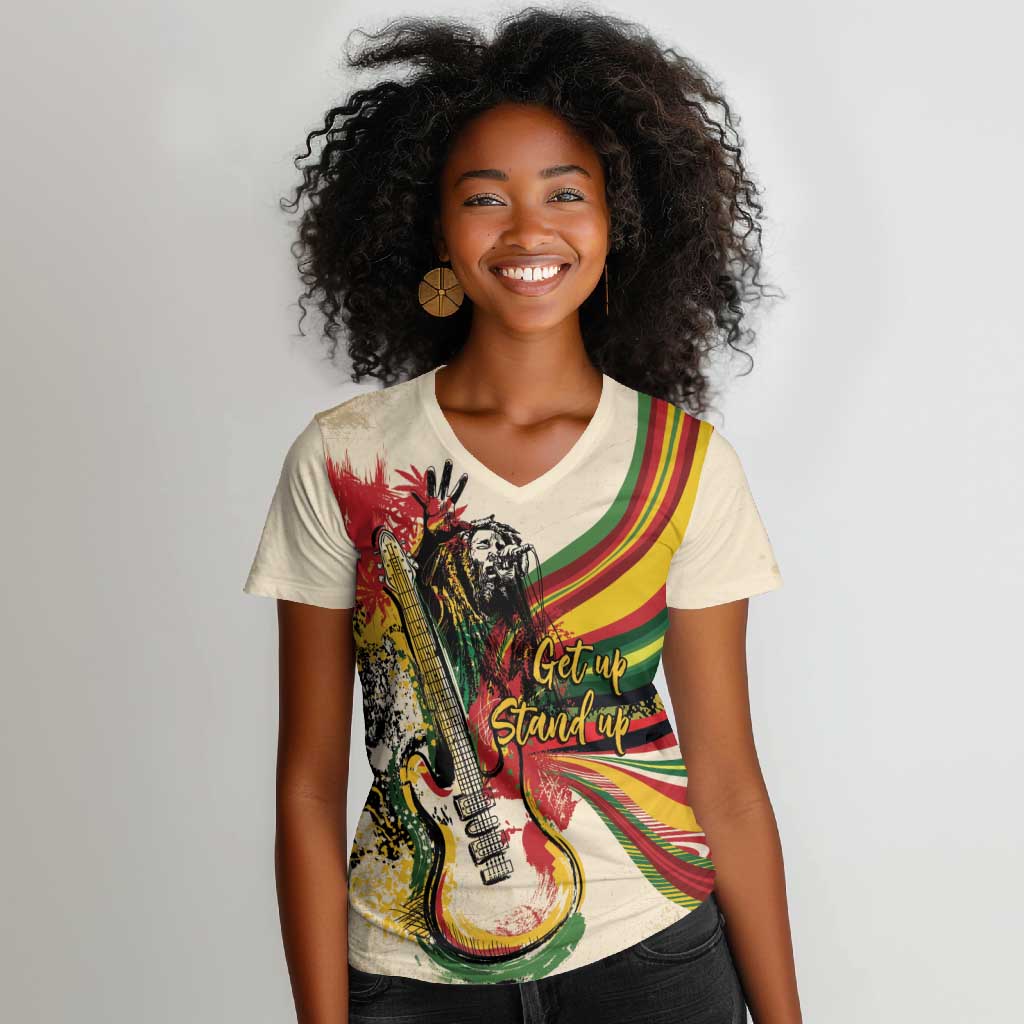 Reggae Soul B.Marley Grungy Women V-Neck T-Shirt Get Up Stand Up - Wonder Print Shop