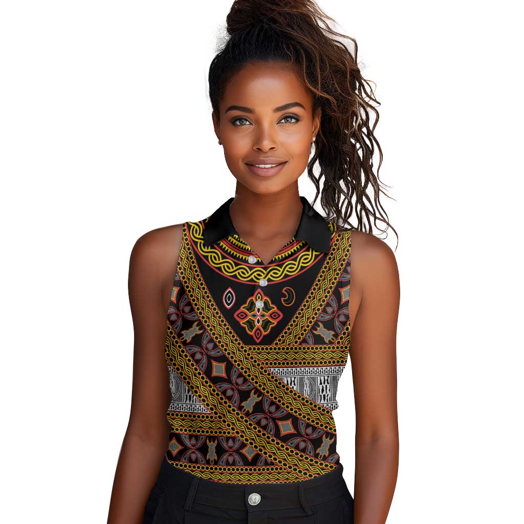 Cameroon Bamenda Toghu Inspired Women Sleeveless Polo Shirt Classic Motifs