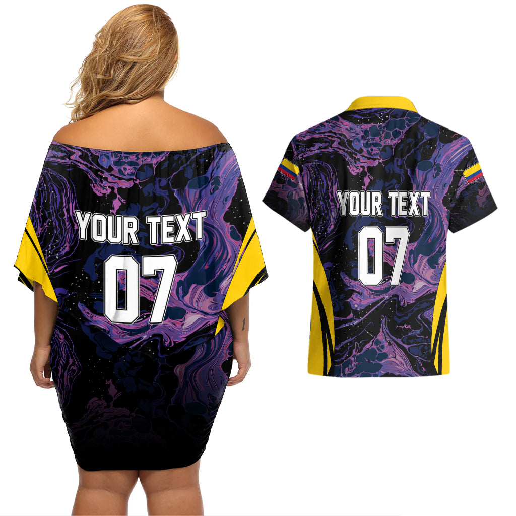 Personalised Colombia Football Couples Matching Off Shoulder Short Dress and Hawaiian Shirt World Cup 2023 Cano Cristales River Style LT7 - Wonder Print Shop