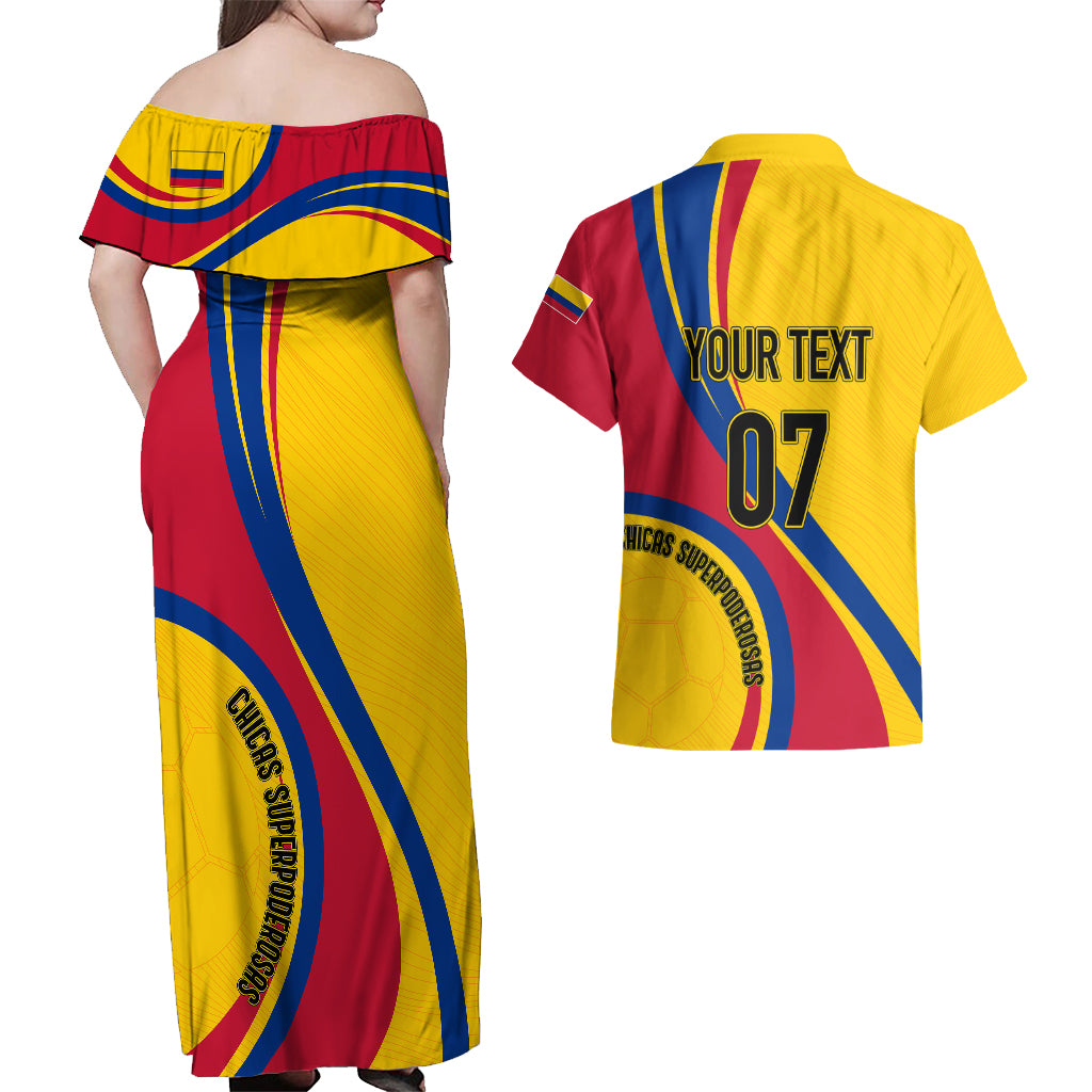 Personalised Colombia Football Couples Matching Off Shoulder Maxi Dress and Hawaiian Shirt World Cup 2023 Chicas Superpoderosas LT7 - Wonder Print Shop