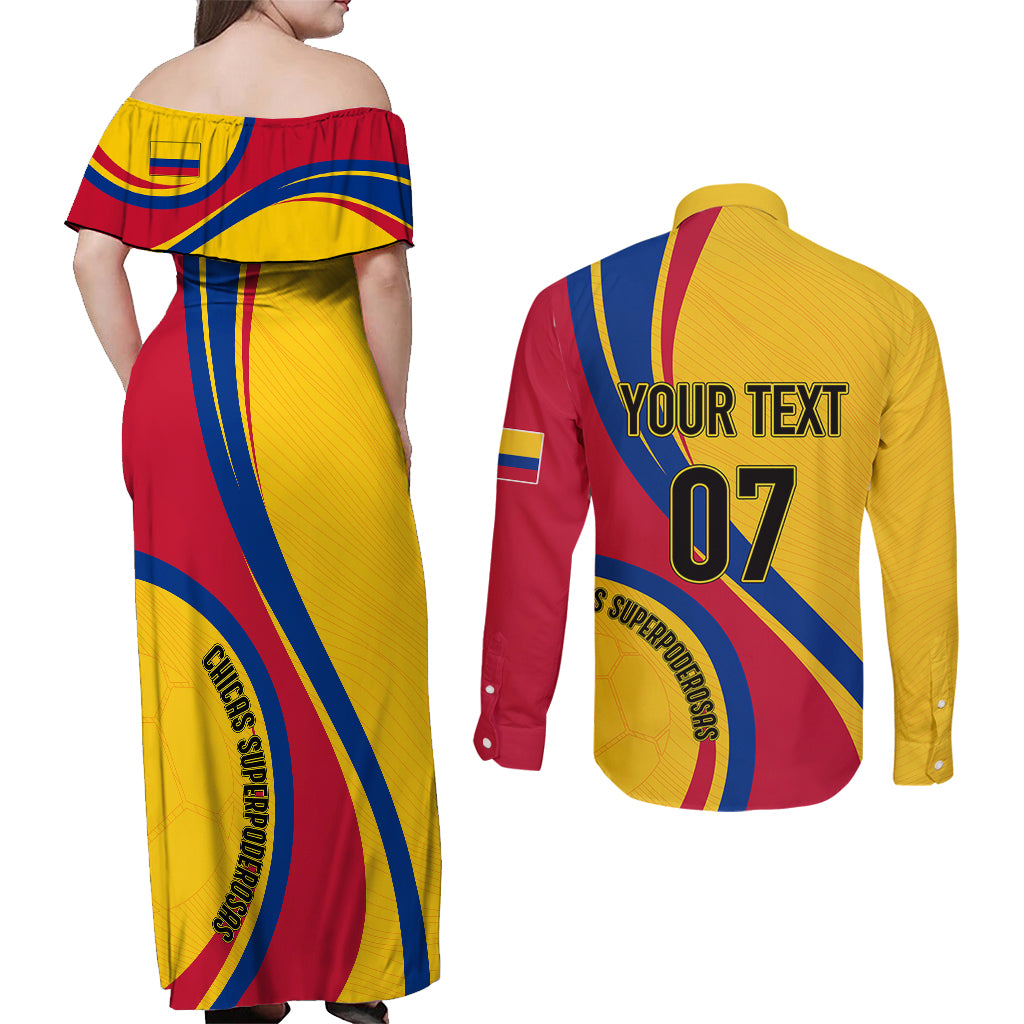 Personalised Colombia Football Couples Matching Off Shoulder Maxi Dress and Long Sleeve Button Shirts World Cup 2023 Chicas Superpoderosas LT7 - Wonder Print Shop